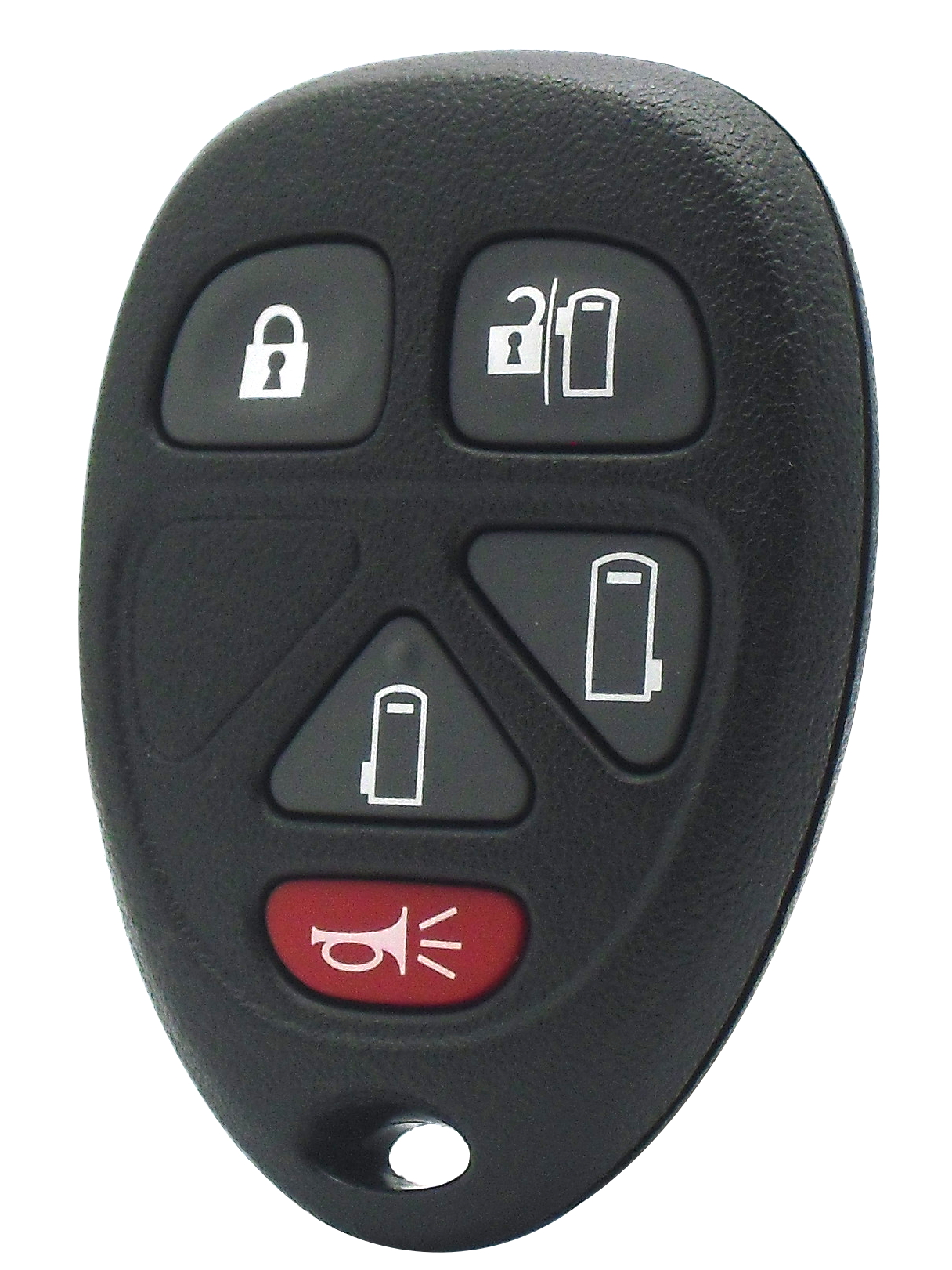 GMC and Chevy 5 Button Keyless Entry Remote with Sliding Door Buttons featuring Lock, Unlock, Open Left Sliding Door, Open Right Sliding Door, and Panic Buttons